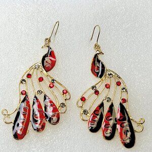 Peacock Chandelier Earrings Gold Red and Black Bird Earrings
